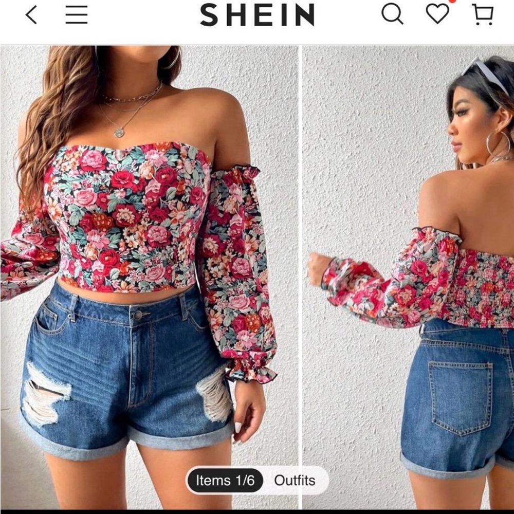 SHEIN Floral Off-Shoulder Crop Top - Red and Pink